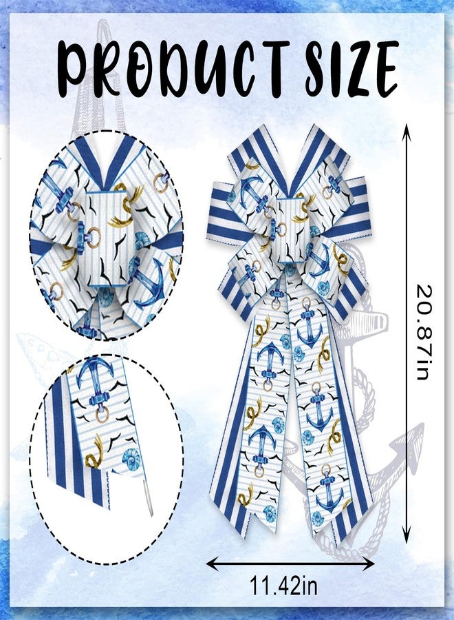 Habbiful Large Spring Bow for Wreath, Spring Wreath Bow for Front Door Ocean Sea Nautical Bow White Navy Blue Stripes Tree Topper Bow for Spring Indoor Outdoor Birthday Party Home Decoration - Image 2